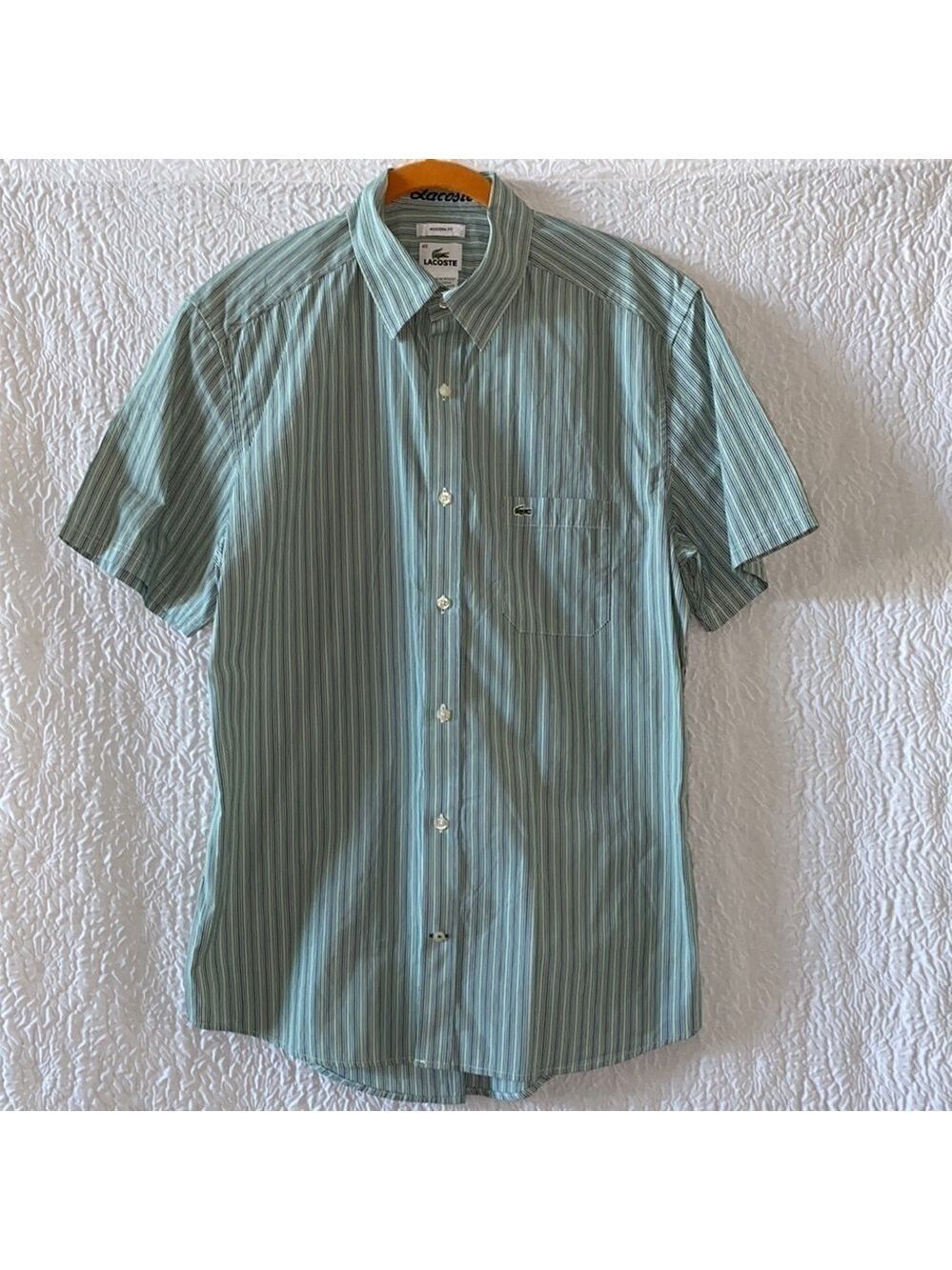 LACOSTE Devanlay Modern Fit Button Down Short Sleeve Striped Shirt